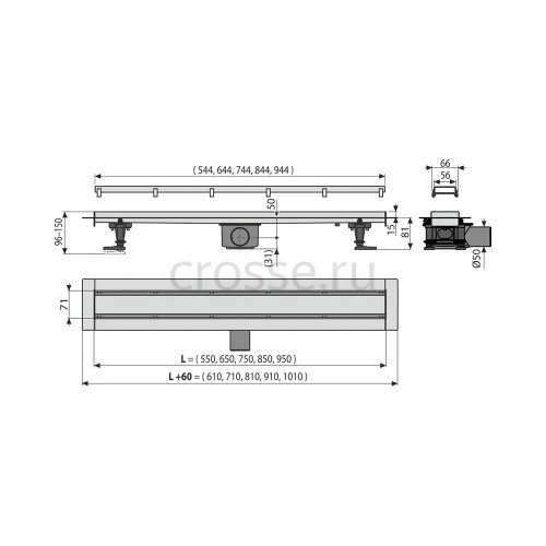 Водоотводящий желоб Alcaplast APZ13-DOUBLE9 с двухсторонней решеткой DOUBLE AG071401550